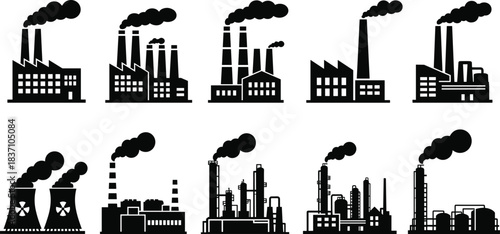 Industrial factory silhouette vector set, power plants and manufacturing buildings, smoke pollution industry icons, isolated energy production illustration