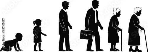 Human life stages silhouette vector, people aging from baby to elderly, growth and lifespan evolution concept, isolated illustration set