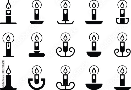 Candle holder icon silhouette, flame vector illustration, black and white decor symbol, cad drawing flat vector illustration