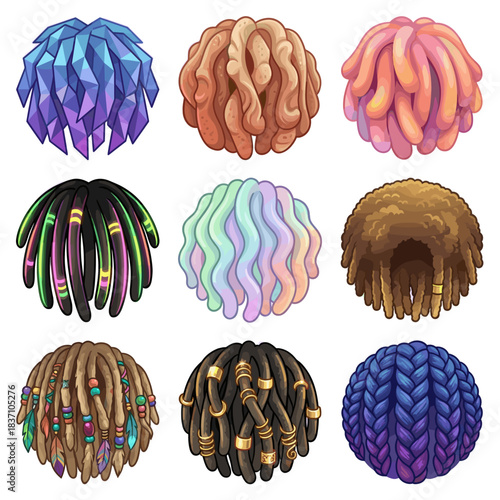 Nine diverse spherical textures including crystalline, organic, dreadlocks, and knitted patterns in various colors vector and styles.