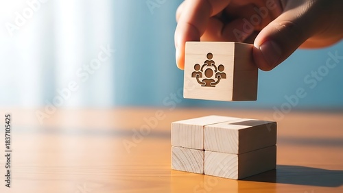 Hand placing wooden block with teamwork icon on stack, collaboration concept.