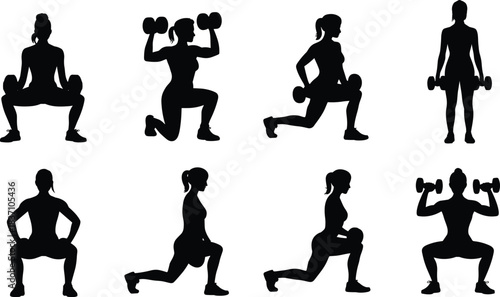 Dumbbell exercise silhouette, fitness workout vector, strength training icon, gym posture illustration, cad drawing flat vector illustration