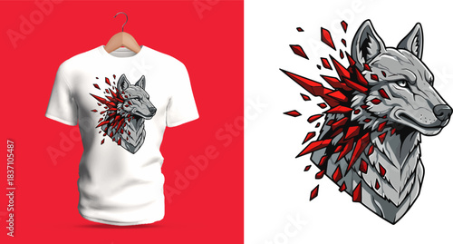 Dynamic Wolf Head Vector Illustration With Shattered Crystal Explosion Effect – Powerful Animal Artwork Perfect for Edgy T-Shirt Prints, Modern Streetwear, Bold Graphic Apparel, and Fierce Predator