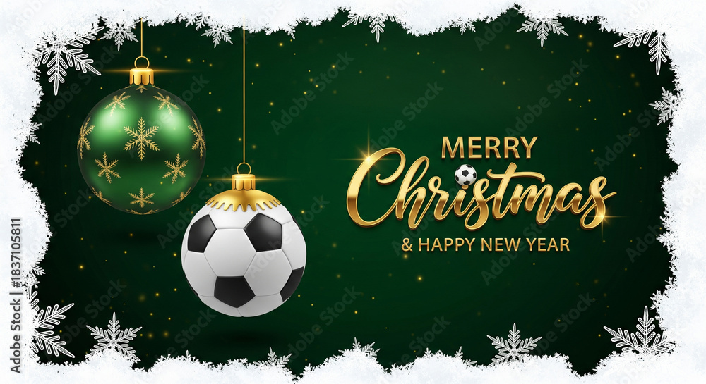 Naklejka premium Merry Christmas Soccer Ornament – Golden Green Football Bauble Holiday & Happy New Year Card