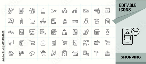 Set of Shopping line icon. Contains outline symbols like discount, retail, pay, e-commerce, shopping bag and more. Modern icons collection. Sell line icon set. Vector illustration.