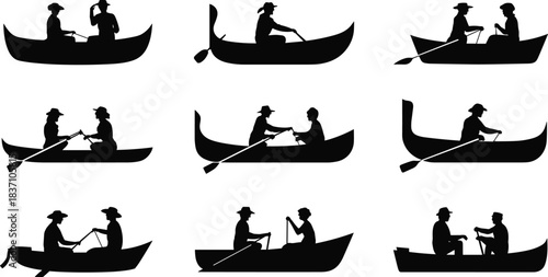 Canoe silhouette vector, paddling people icon, outdoor water activity, black flat illustration, cad drawing flat vector illustration