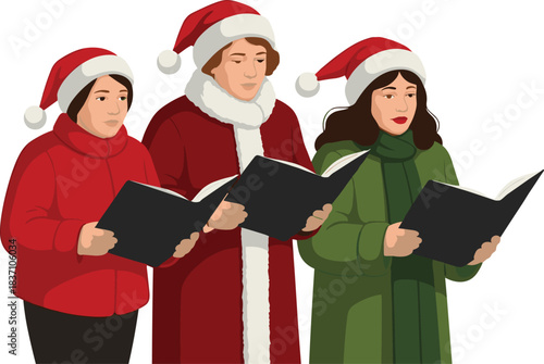 Three Christmas Carol Singers Illustration, Adults in Santa Hats and Warm Coats Holding Songbooks, Festive Holiday Season Concert Vector Artwork.