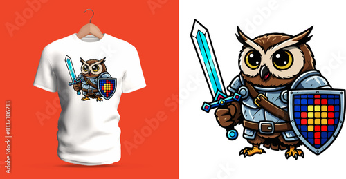 Highly detailed t-shirt vector illustration of a heroic owl knight standing confidently with a raised blue sword in one talon and a shield decorated with a colorful pixel-style emblem in the other,