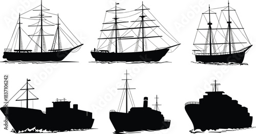 Ship silhouette vector set, sailing ship, cruise, cargo, steamship, maritime transport icon, cad drawing flat vector illustration, black artwork