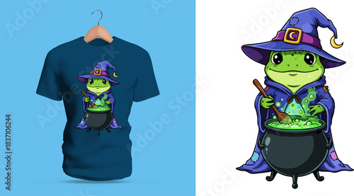 Colorful t-shirt vector illustration of a magical frog wizard standing over a bubbling cauldron filled with glowing green potion, wearing a long purple robe, pointed hat with a moon emblem