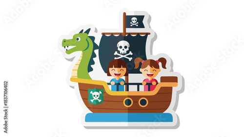 Childrens Cartoon Pirate Ship With Dragon Figurehead And Jolly Roger Flag Featuring Two Smiling Girls Enjoying A Joyful Adventure On The Water