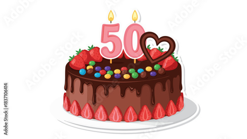 Chocolate birthday cake with pink candles shaped like the number fifty decorated with colorful candies fresh strawberries and a heart shaped chocolate on a white plate isolated on black background