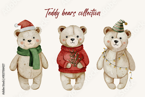 Set of watercolour teddy bears in a Christmas decorations. Plush bears isolated on white background. New year design elements