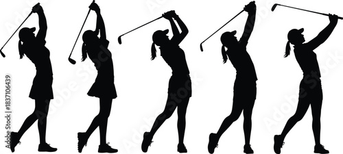 Golf swing silhouette vector set, female golfer action pose, black flat icon, cad drawing flat vector illustration, sports motion