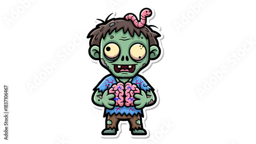 Cartoon Zombie Character with Exposed Brains and Worm on Head Standing on Transparent Background With Tattered Clothes and Distressed Look