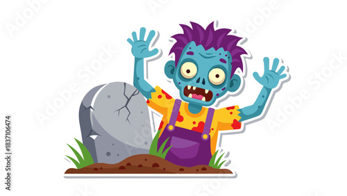 Cartoon Zombie Character with Purple Hair and Blue Skin Emerging From The Ground Next To A Tombstone Wearing A Yellow Shirt And Purple Overalls With Arms Raised In A Spooky Halloween Scene