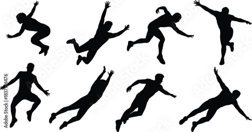 Jumping falling silhouette vector set, human motion pose, black flat icon, expressive action, cad drawing flat vector illustration