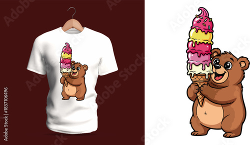 Charming t-shirt vector illustration of a joyful bear holding an extremely tall ice-cream cone stacked with multiple colorful scoops, featuring soft fur texture, warm brown tones, bright melting