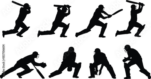 Cricket batsman and wicketkeeper silhouette vector set, sports action pose, black icon, cad drawing flat vector illustration