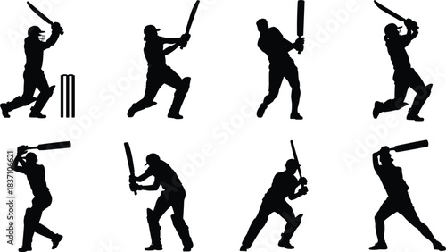Cricket batsman silhouette vector set, batting pose, sports action icon, black flat illustration, cad drawing flat vector illustration