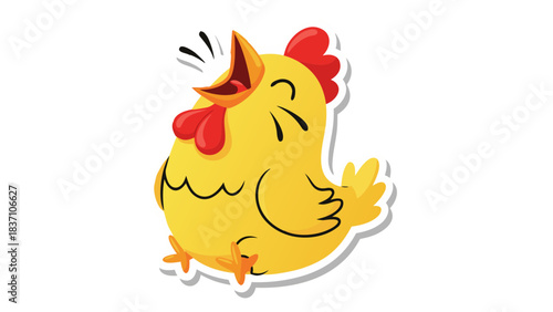 Cheerful Yellow Cartoon Chicken With Red Comb And Wattle Laughing Loudly With Open Beak Isolated On White Background
