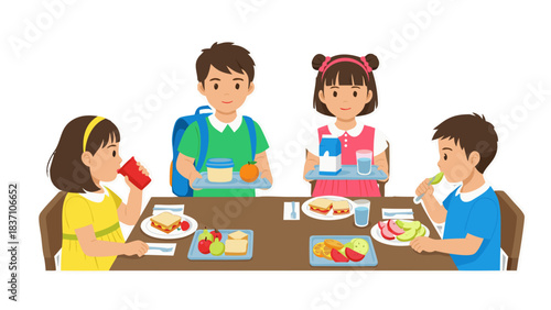 Children Eating Healthy Lunches at School Cafeteria Table Diverse Group of Kids Enjoying Nutritious Meals Together Brightly Lit Indoor Scene with Vibrant Food Colors