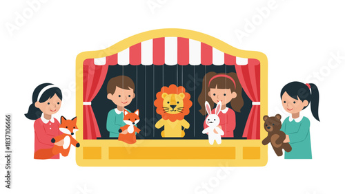 Children Performing A Lively Puppet Show With A Lion Fox Rabbit And Bear On A Colorful Stage With Red Curtains