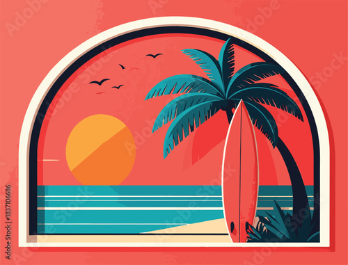 Vibrant retro sunset beach scene with a solitary surfboard resting beneath a majestic swaying palm tree, perfect for idyllic summer vacation vibes and tropical escapes