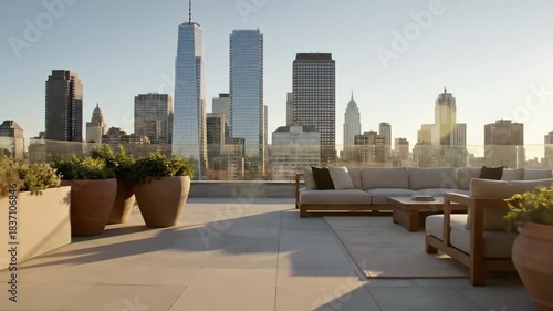 Muted Earth-Tone Living Room Skyline Reveal