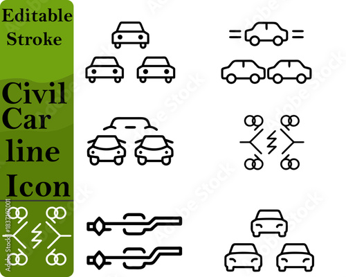 A clean and modern civil car icon featuring a sleek sedan silhouette with smooth curves and balanced proportions. Designed with minimal lines for clarity it represents personal vehicles, commuting.