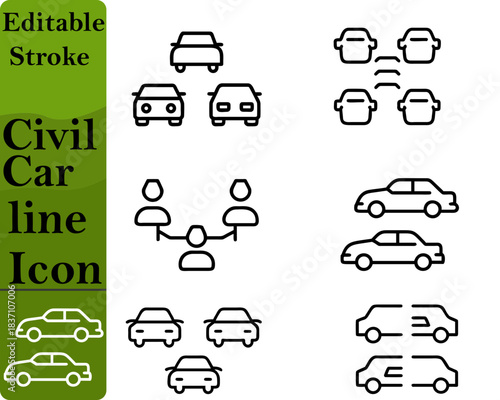 A clean and modern civil car icon featuring a sleek sedan silhouette with smooth curves and balanced proportions. Designed with minimal lines for clarity it represents personal vehicles, commuting.