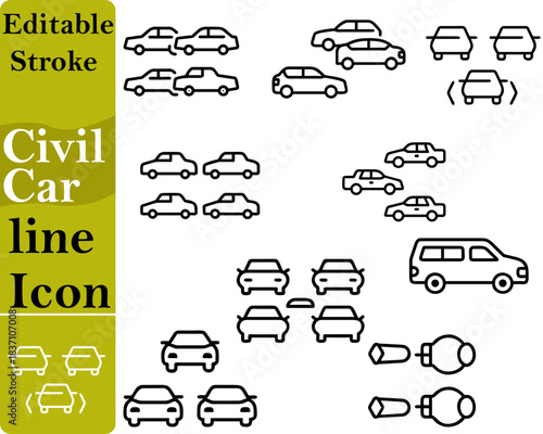 A minimalist civil car icon showing a side view of a compact sedan with smooth lines and simple details. The clean design symbolizes personal vehicles urban commuting car rentals transportation.