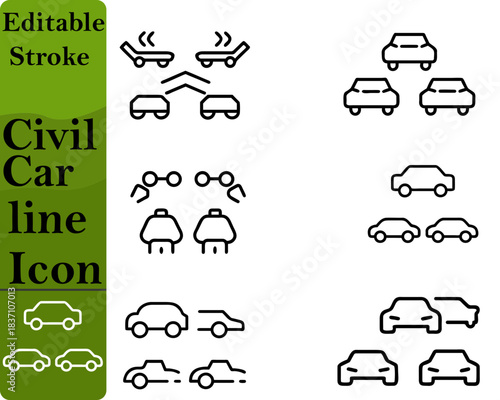 A minimalist civil car icon showing a side view of a compact sedan with smooth lines and simple details. The clean design symbolizes personal vehicles urban commuting car rentals transportation.