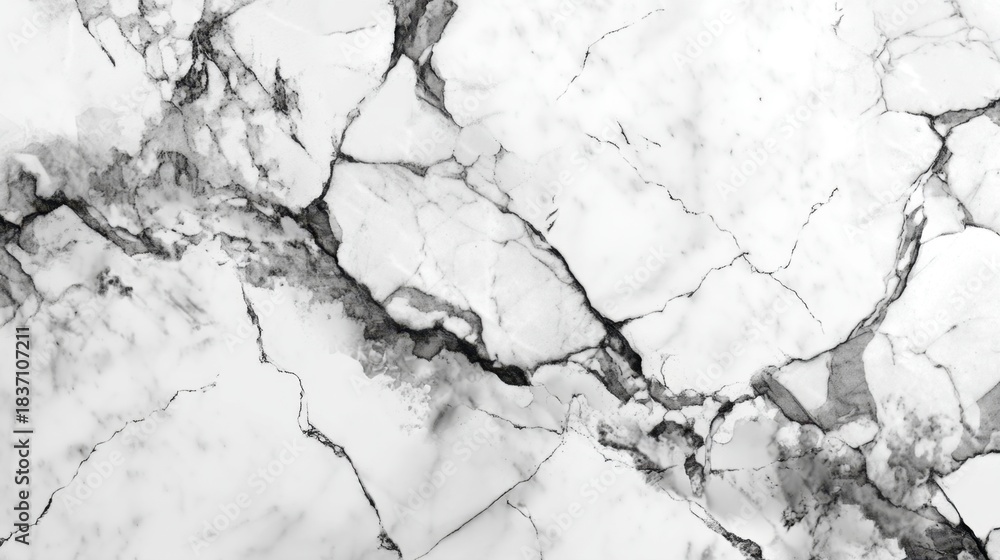 Obraz premium A smooth white marble surface features dark gray veins and cracks. The patterns create a natural design that adds texture and interest to the setting.