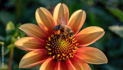 Honeybee collecting nectar from a vibrant dahlia flower in a garden.