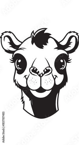 Playful cartoon camel head illustration with expressive eyes and a friendly grin.