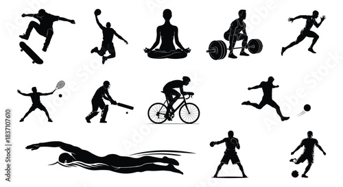 Black silhouettes representing various sports and wellness activities for dynamic design projects