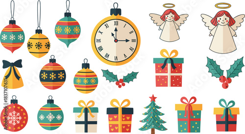 Colorful Christmas clipart set with ornaments, angels, gifts, holly, and festive elements, perfect for holiday cards, decorations, crafting projects, printables, and seasonal designs.