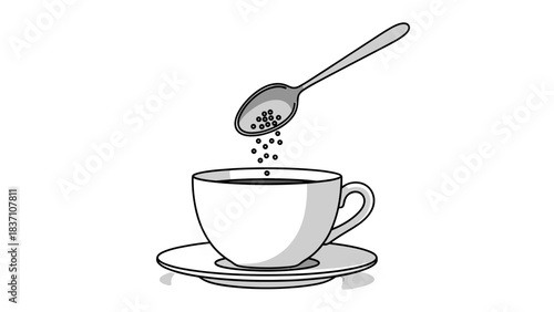 Close up of a white cup of coffee on a saucer with a silver spoon adding sugar over a black background simple and clean illustration