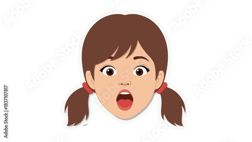 Close Up Of A Young Woman With Brown Hair In Pigtails Showing A Surprised Expression With Her Mouth Open Wide And Wide Eyes Against A Black Background With A White Outline Showing Her Face Clearly