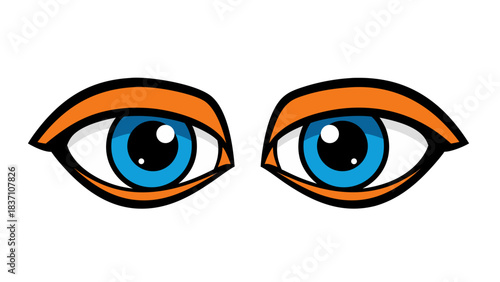 Close up of cartoon blue eyes with orange eyelids against a black background