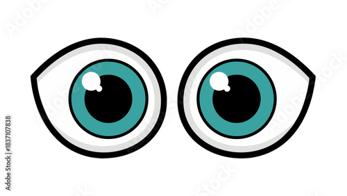 Close up of cartoon blue eyes with white sclera and black pupils against a stark black background conveying a sense of surprise or curiosity