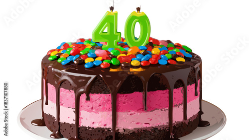 Chocolate Drip Cake With Pink Frosting And M Chocolate Candies Topped With Green Number 40 Candles For A Birthday Celebration On A White Plate Against A Black Background