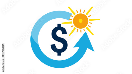 Circular Arrow Graphic With Dollar Symbol And Sun Illustrating Financial Growth And Renewable Energy Concepts On Black Background