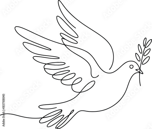 A simple black line drawing features a soaring dove carrying an olive branch against a plain white field