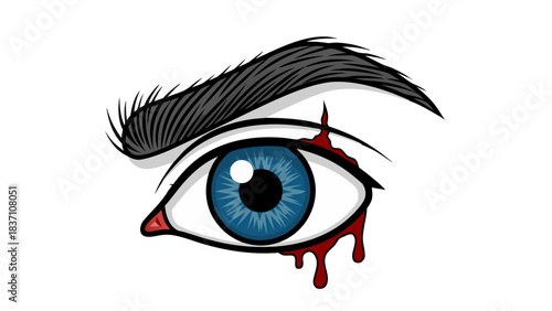 Close Up of a Blue Eyeball with a Bleeding Tear Duct on a Black Background Featuring Detailed Eyebrow and Eyelashes