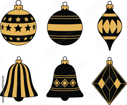 Elegant black and gold vector christmas ornaments set featuring holiday balls, bells, and geometric diamond shapes with stripe patterns.