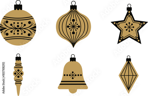 Elegant black and gold vector christmas ornaments set featuring holiday star bell icicle and intricate floral scrollwork patterns.