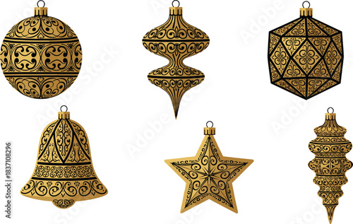 Luxurious gold and black vector christmas ornaments set featuring ornate filigree scrollwork patterns and elegant holiday shapes.