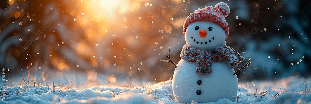 Naklejka premium Cheerful snowman stands in snow during winter evening light Generative AI